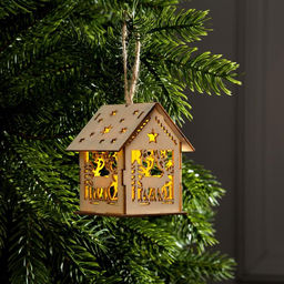 Цена за 2 шт. Ёлочная игрушка Домик с оленем, 7.5х6.5х6 см, от батареек, свечение тёплое белое