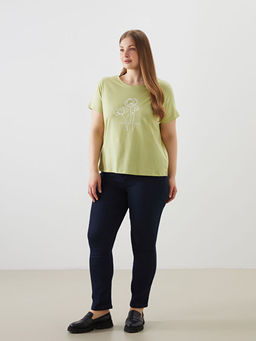 Bisiklet Yaka Bask?l? Penye Kad?n Ti??rt