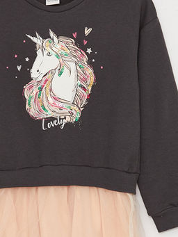 Bisiklet Yaka Bask?l? Uzun Kollu K?z ?ocuk Elbise