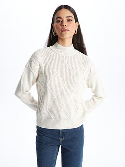 Yar?m Bal?k?? Yaka Kendinden Desenli Uzun Kollu Kad?n Triko Kazak