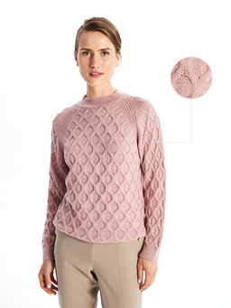 Bisiklet Yaka Kendinden Desenli Uzun Kollu Kad?n Triko Kazak