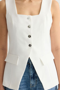 TRENDYOLMILLA Beyaz Fitted Kare Yaka Kal?n Ask?l? Dokuma Yelek TWOSS25YE00026  фото 8