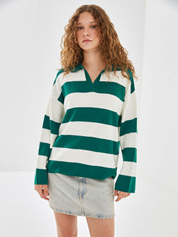 Polo Yaka ?izgili Kad?n Triko Kazak