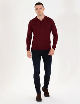 K_rm_z_ Slim Fit Polo Yaka Y_n Kar___ml_ Basic Triko Kazak