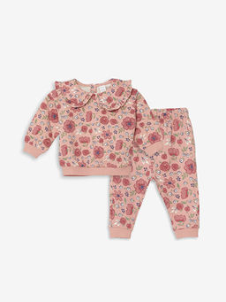 Bebe Yaka Uzun Kollu Bask?l? K?z Bebek Sweatshirt ve Tayt 2li Tak?m