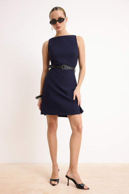 Wardrope Essentials Lacivert Kemerli A Kesim Mini Esnek Dokuma Elbise TWOSS26EL00288