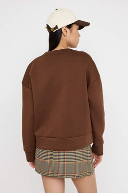 Teen Kahverengi Oversize/Genis Kal?p V yaka Full Dugme Kapama Esnek Orme Sweatshirt TWOAW26SW00013 - Trendyolmilla фото 4