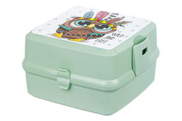 Ланч-бокс 1,2 л 15*15*9 см Бенто Сова в перьях + вилка и ложка, фисташковый (модель 487)