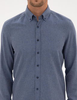 Koyu Mavi Flanel Dokulu Slim Fit Uzun Kollu G_mlek