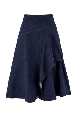 Koyu Mavi Volanl_ Katmanl_ Midi Denim Etek TWOAW27ET00006