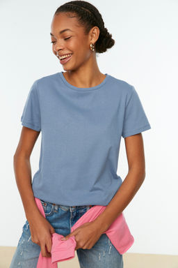 Indigo-Pembe %100 Pamuk 2li Paket Basic Bisiklet Yaka Orme T-Shirt TWOSS20TS0141