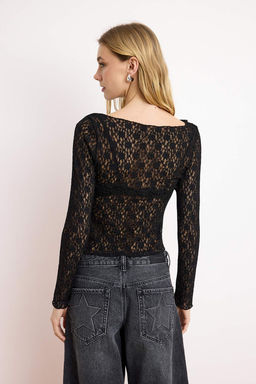 Siyah Fitted/Vucuda Oturan Uzun Kollu Dantel Orme Bluz TWOSS26BZ00441 - Trendyolmilla фото 4