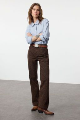 TRENDYOLMILLA Cok Renkli Leopar Desenli Kahverengi Yuksek Bel Wide Leg Jeans TWOAW25JE00260