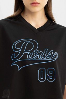 Крутая футболка оверсайз с V-образным вырезом и короткими рукавами с принтом - Defacto фото 6