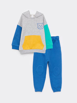 Kap??onlu Uzun Kollu Renk Bloklu Erkek Bebek Sweatshirt ve E?ofman Alt 2li Tak?m