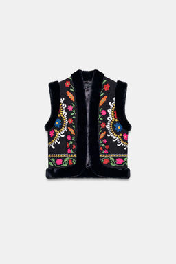 EMBROIDERED FAUX FUR GILET WITH CONTRASTING DETAILS - Zara фото 5