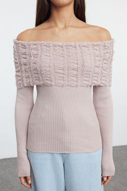 Pudra Yumusak Dokulu Carmen Yaka Ak?tma Detayl? Triko Kazak TWOAW25KZ00228 - Trendyolmilla фото 3