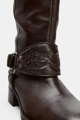 LEATHER FLAT EMBROIDERED BOOTS - Zara фото 6