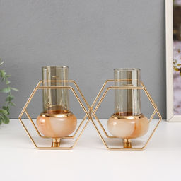 Подсвечник на 2 свечи «Шестигранники», металл, стекло, белый с золотом, 15.5×26.5×10.5 см