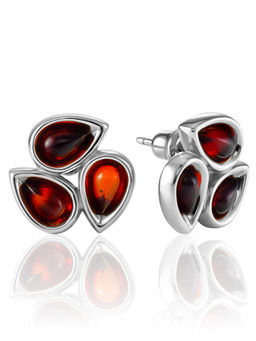 Изысканные серьги Триада с каплями из коньячного янтаря