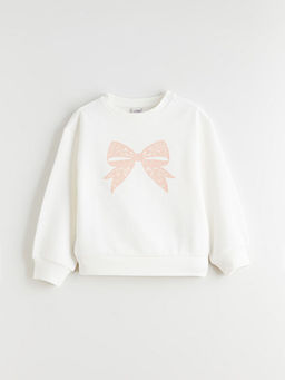 Bisiklet Yaka Fiyonk Bask?l? K?z ?ocuk Sweatshirt