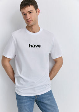 Hav Bask?l? Beyaz Tisort