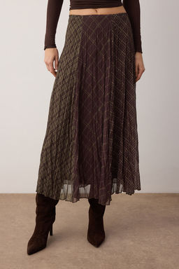 Haki-Kahverengi Ekoseli Astarl? Sifon K?r?s?k Efektli Maxi Asimetrik Etek TWOSS26ET00045