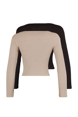 Trendyolmilla Kahverengi-Bej 2li Paket Crop Fitted/Vucuda Oturan V Yaka Fitilli Esnek Orme Bluz TWOAW22BZ0129