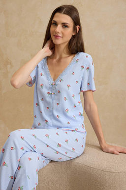 Mavi Cicekli Dantel Detayl? Burumcuk Dokulu Orme Pijama Tak?m? THMSS26PT00011