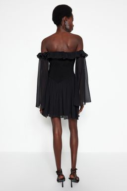 TRENDYOLMILLA Bridal Ekru A-Kesim Astarl? Volanl? Dokuma Sifon K?sa Dugun/Nikah S?k Abiye Elbise TPRSS23EL00096 фото 13