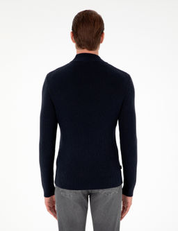 Lacivert Slim Fit Yar_m Bal_k__ Yaka Y_n Kar___ml_ Triko Kazak