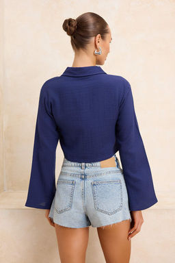 Koyu Lacivert Dokuma %100 Pamuk Plaj Crop Gomlek TBESS24GO00011