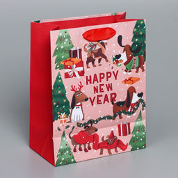 Пакет подарочный новогодний крафтовый вертикальный «Собачьи истории», MS 18 х 23 х 10 см