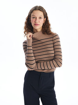 Yar?m Bal?k?? Yaka ?izgili Uzun Kollu Kad?n Triko Kazak