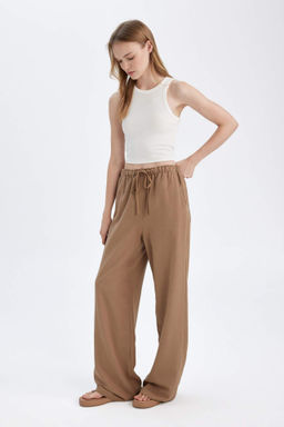 Wide Leg Genis Bol Paca Uc Cepli Normal Bel Basic Duz Standart Boy Keten Kar?s?ml? Pantolon - Defacto фото 2