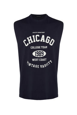 Lacivert Oversize/Genis Kesim Sehir Bask?l? %100 Pamuk Kolsuz T-Shirt/Atlet TMNSS23AL00008