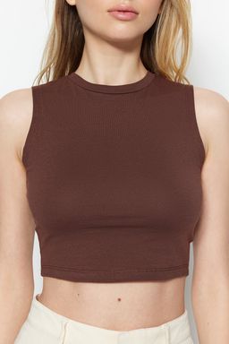 Kahverengi-Bej 2li Paket Kolsuz Crop Pamuklu Esnek Orme Atlet TWOSS23AL00010
