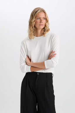 Женская обычная посадка с круглым вырезом, базовая простая повседневная футболка с длинными рукавами - Defacto фото 4