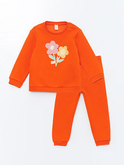 Bisiklet Yaka Bask?l? K?z Bebek Sweatshirt ve E?ofman Alt 2li Tak?m