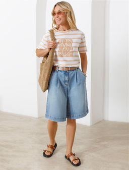 Свободная футболка в полоску с принтом из премиального хлопка с эластаном - Vilatte фото 4