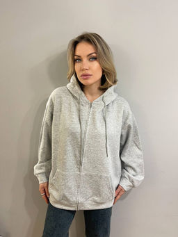 K12316 Толстовка на молнии с капюшоном OVER SIZE (плотный хлопок) СВ_СЕРЫЙ