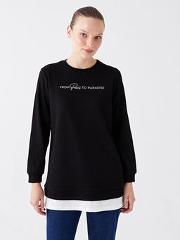 Bisiklet Yaka Bask?l? Uzun Kollu Kad?n Sweatshirt Tunik