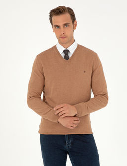 Camel Melanj Slim Fit V Yaka Basic Triko Kazak