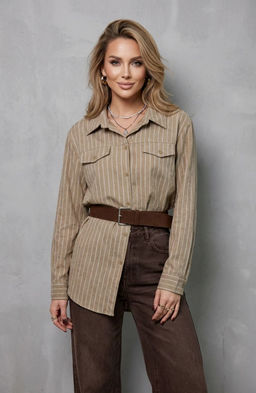 K13369 Рубашка OVER SIZE с поясом БЕЖЕВЫЙ