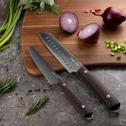 Нож поварской сантоку Katto 15см из нержавеющей стали, s2,3мм, ширина 3,6см, ручка из нержавеющей стали и дерева венге, отверстие для подвешивания, цветная коробка, TalleR (Китай) - Домашняя мода фото 4