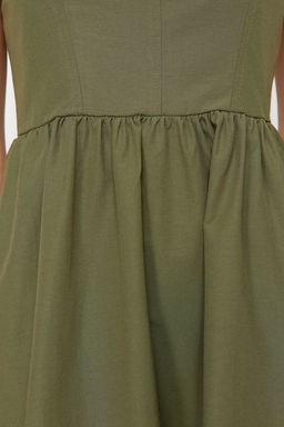 Haki Belden Ac?lan Midi Korse Dikis Detayl? Midi Dokuma Elbise TWOSS24EL00038