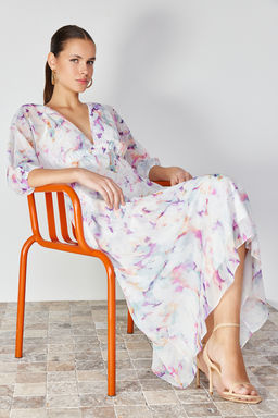 Pembe Soyut Desenli Etegi Belden Ac?lan Maxi Sifon Astarl? Dokuma Elbise TWOSS24EL00611 - Trendyolmilla фото 7