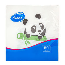 Салфетки бумажные 24х24см "Лилия", 1 слойные, 50 штук в упаковке, "Микс: Панда + Бамбук" (Россия)