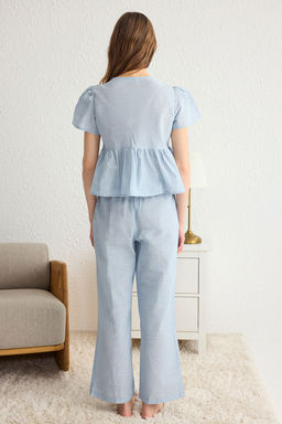 Trendyolmilla Mavi Pamuklu Baglama Detayl? Poplin Dokuma Pijama Tak?m? THMSS25PT00024 фото 5