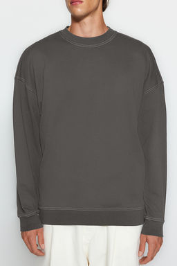 Antrasit Oversize/Genis Kesim Kontrast Dikis Detayl? Bisiklet Yaka Sweatshirt TMNAW24SW00011